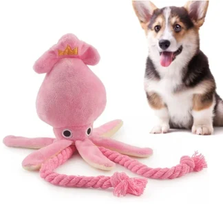 Pink Squid Plush Squeaky Dog Toy with Rope – Chew & Teeth Cleaning Toy 3