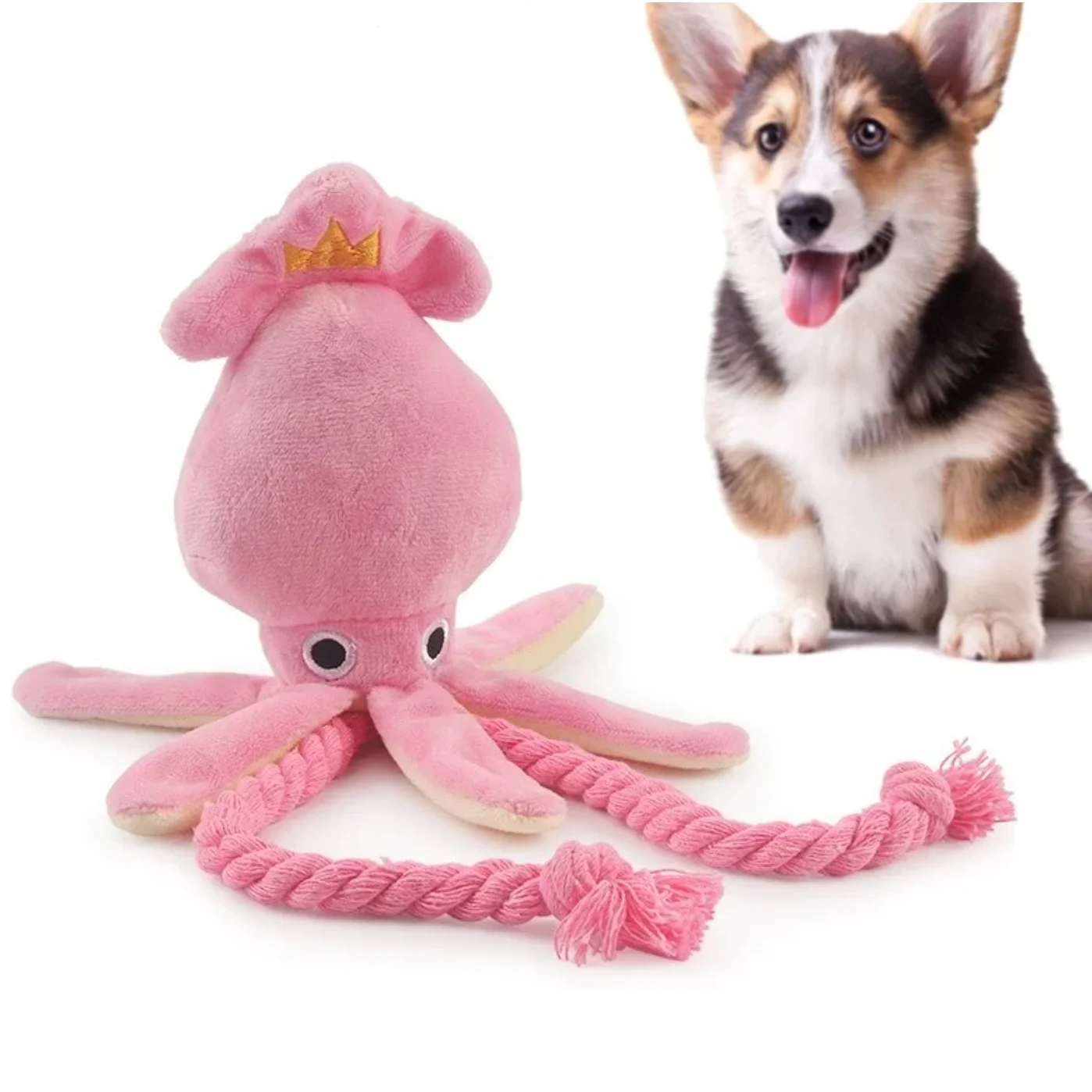 Pink Squid Plush Squeaky Dog Toy with Rope – Chew & Teeth Cleaning Toy 3