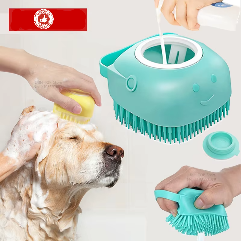 Silicone dog and cat bathing brush with shampoo dispenser