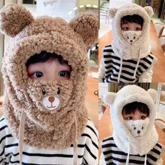 Cute Bear Winter Plush Hooded Scarf Hat for Kids 1