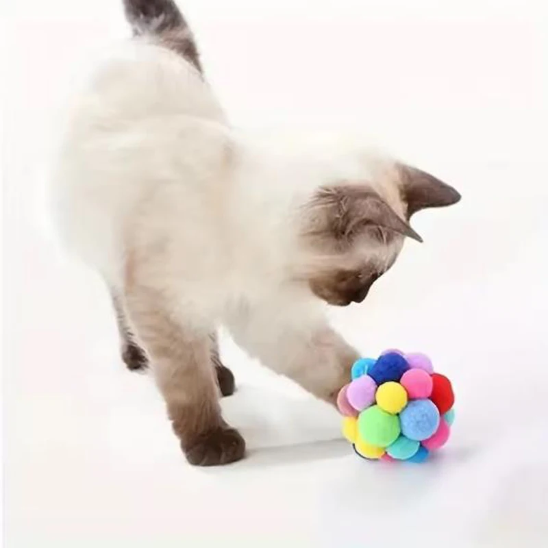 Colorful Pom-Pom Cat Ball Toy with Bell – Soft Plush Bouncy Play Ball 5