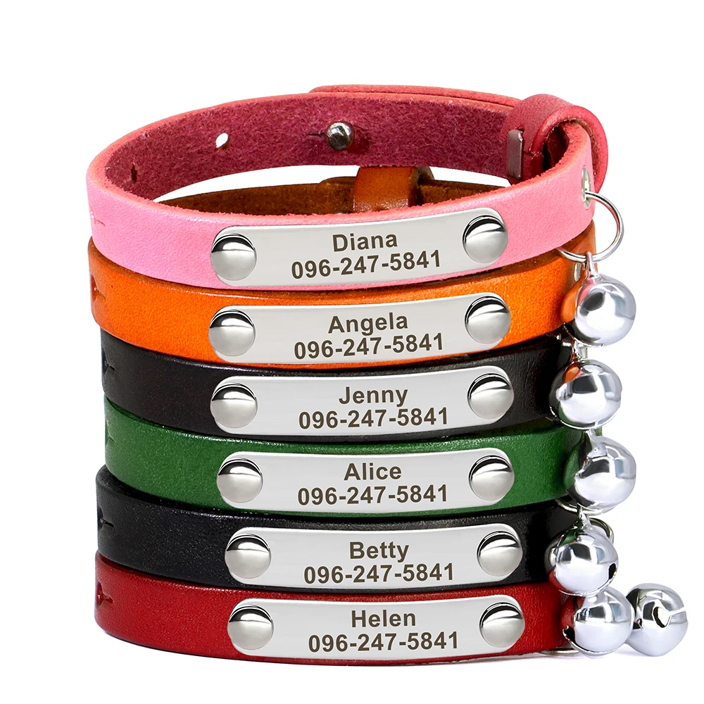 Personalized Leather Cat Collar with Name Engraving and Bell 2