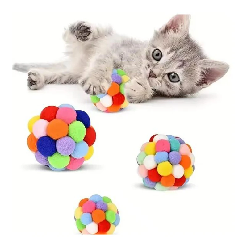 Colorful Pom-Pom Cat Ball Toy with Bell – Soft Plush Bouncy Play Ball 1