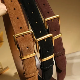 Women’s Suede Leather Belt with Gold Buckle – Vintage Style Waist Belt 1