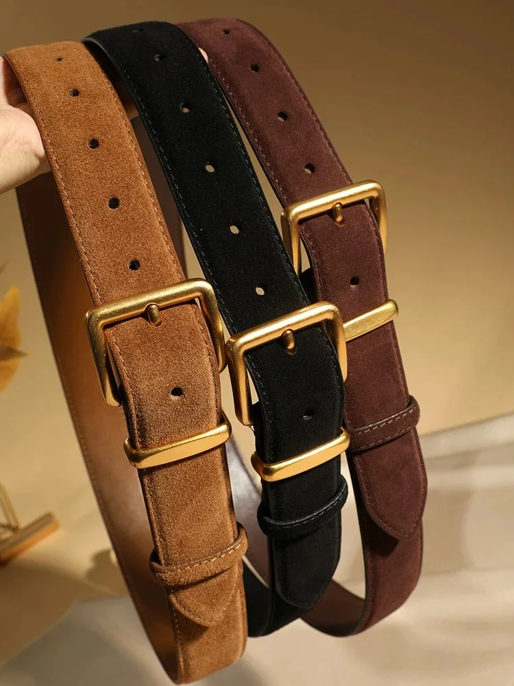 Women’s Suede Leather Belt with Gold Buckle – Vintage Style Waist Belt 1