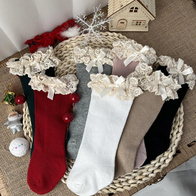 Girls Knee High Socks Winter Lace Ruffle Cotton Long Socks 1