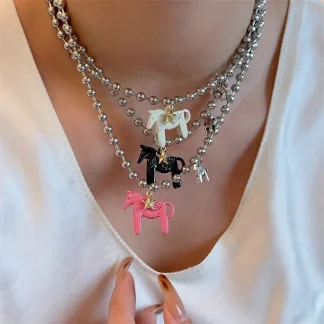 Enamel Horse Pendant Necklace for Women with Silver-Tone Chain 3
