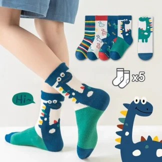 5-Pack Kids Dinosaur Socks – Soft Cotton Cartoon Socks for Boys & Girls 1
