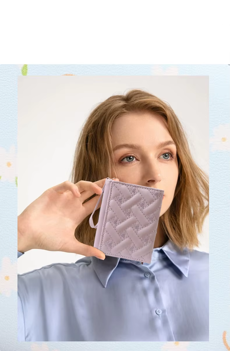 Women’s Short Embroidered Love Wallet – Zipper & Buckle Card Purse