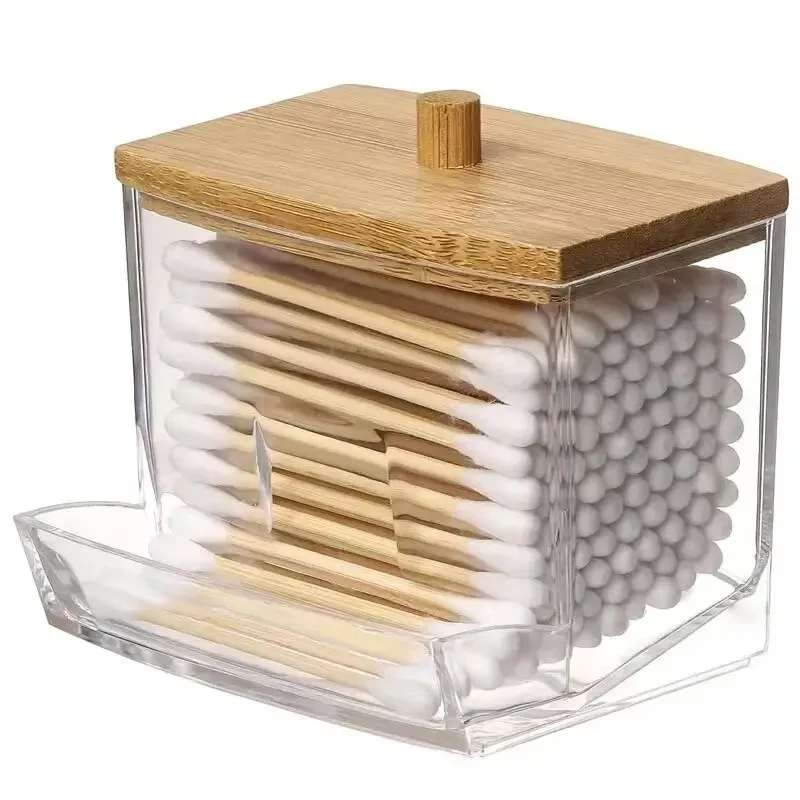 Clear cotton swab storage box – square organizer with bamboo lid 1