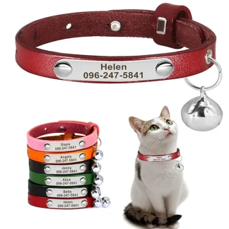 Personalized Leather Cat Collar with Name Engraving and Bell 1