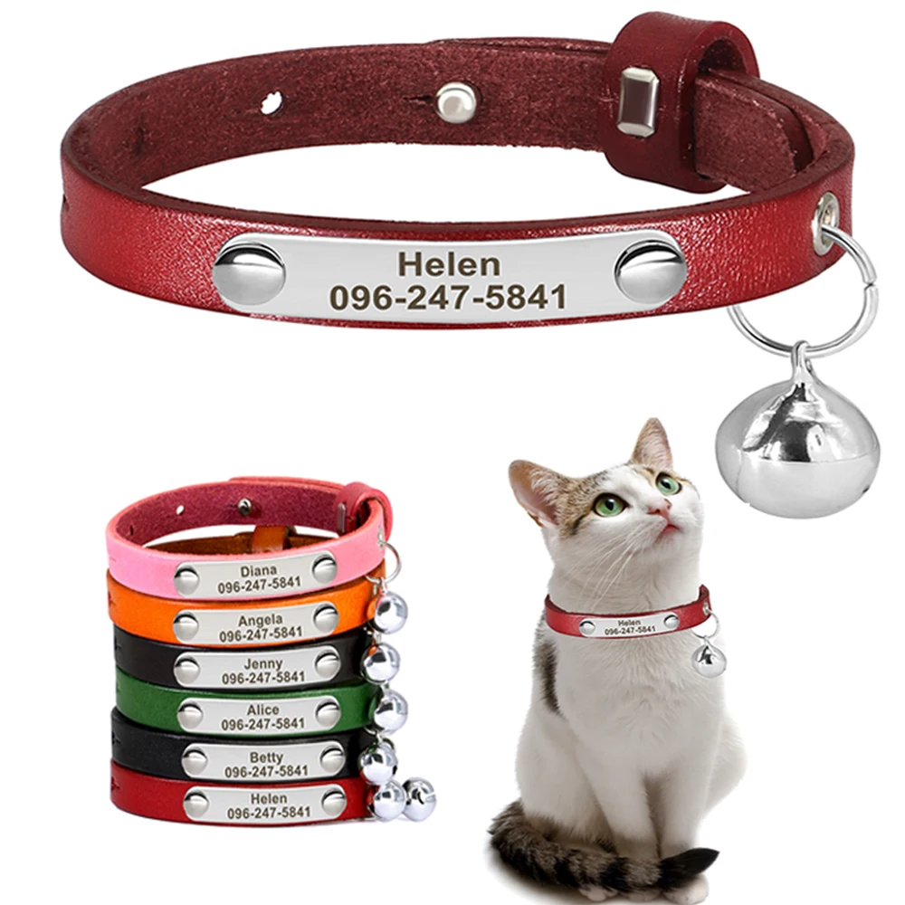 Personalized Leather Cat Collar with Name Engraving and Bell 1