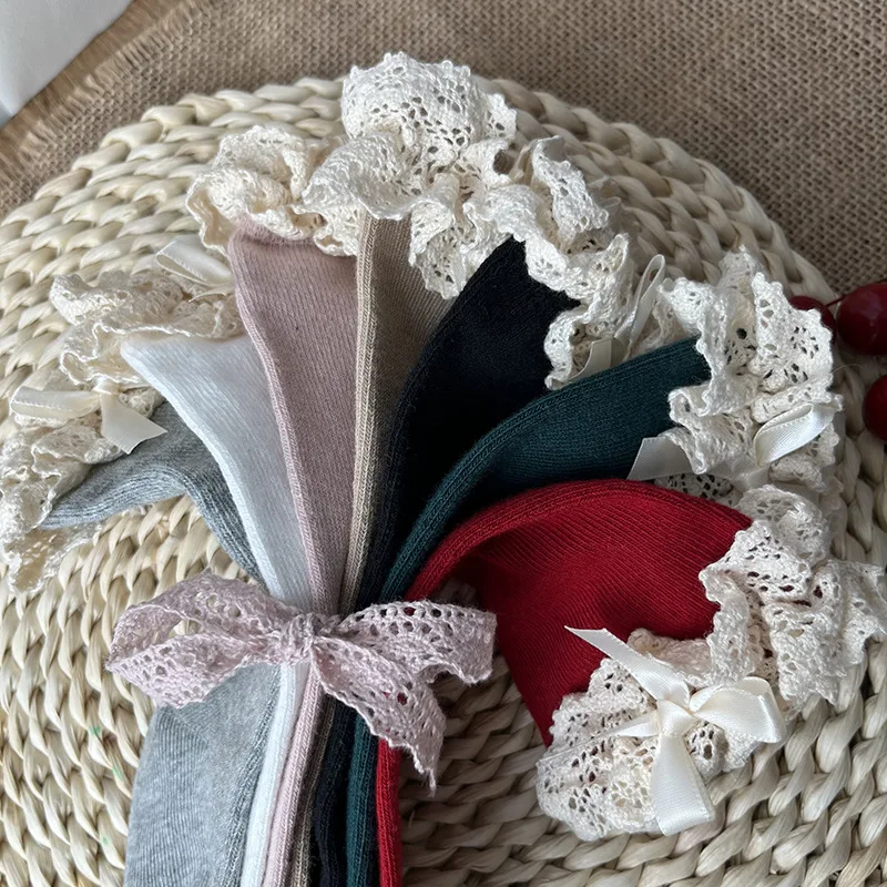 Girls Knee High Socks Winter Lace Ruffle Cotton Long Socks 4