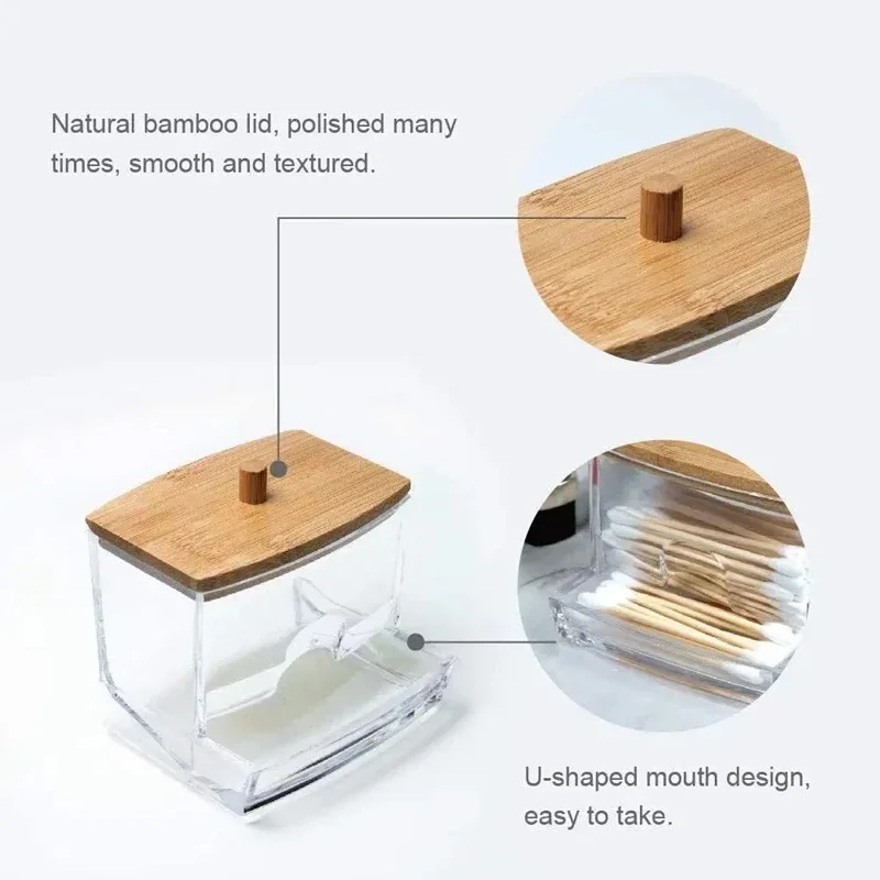 Clear cotton swab storage box – square organizer with bamboo lid 3