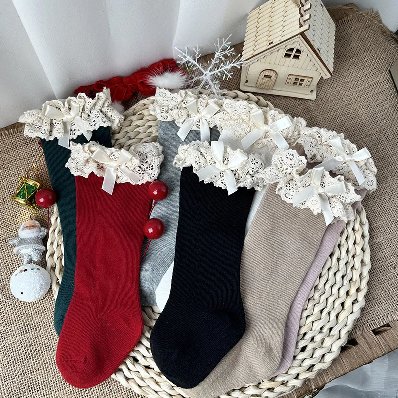 Girls Knee High Socks Winter Lace Ruffle Cotton Long Socks 2