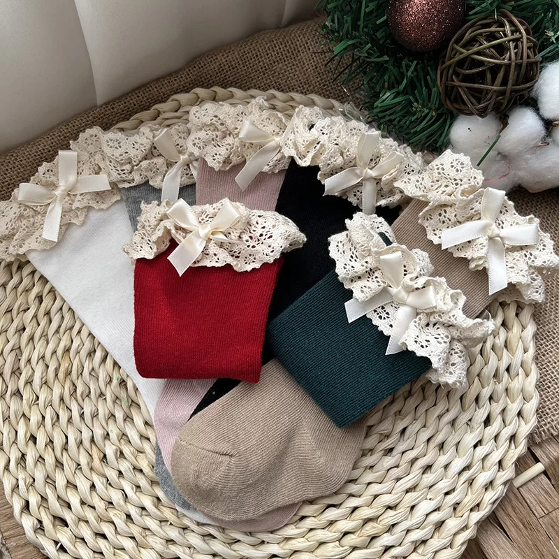 Girls Knee High Socks Winter Lace Ruffle Cotton Long Socks 3