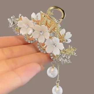 Crystal Flower Pearl Tassel Hair Claw (Elegant Party Clip) 1