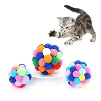 Colorful Pom-Pom Cat Ball Toy with Bell – Soft Plush Bouncy Play Ball 4