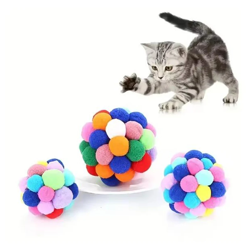 Colorful Pom-Pom Cat Ball Toy with Bell – Soft Plush Bouncy Play Ball 4