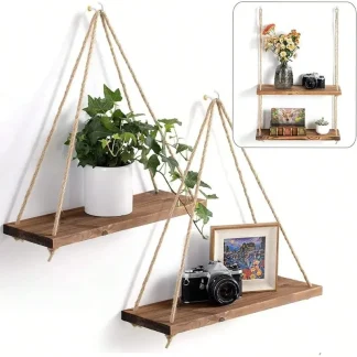 Wooden hanging swing shelf – hemp rope floating wall shelf for home decor 1