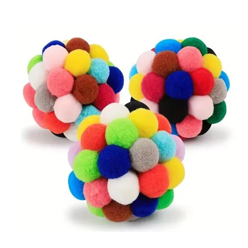 Colorful Pom-Pom Cat Ball Toy with Bell – Soft Plush Bouncy Play Ball 2
