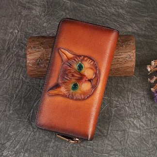 Genuine Leather Vintage Cat-Design Long Wallet for Women 1