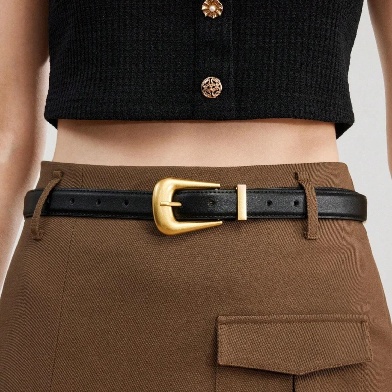 Burgundy Genuine Leather Belt – Elegant Gold Buckle Waist Accent 25