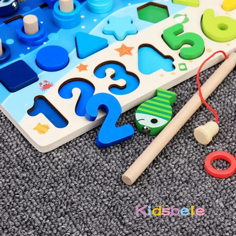 Montessori 5-in-1 Wooden Math & Fishing Learning Board for Kids 6