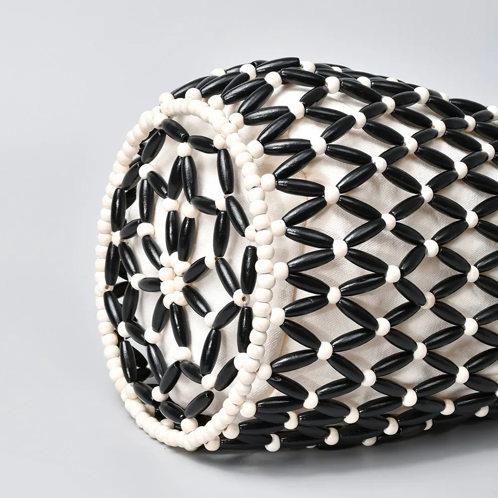 Women’s Handmade Wooden Bead Woven Tote Bucket Bag 4