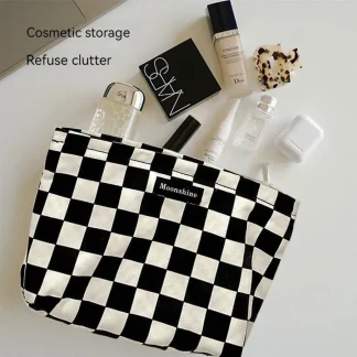 Black & White Plaid Large Capacity Cosmetic Bag – Portable Checkerboard Toiletry Bag 2