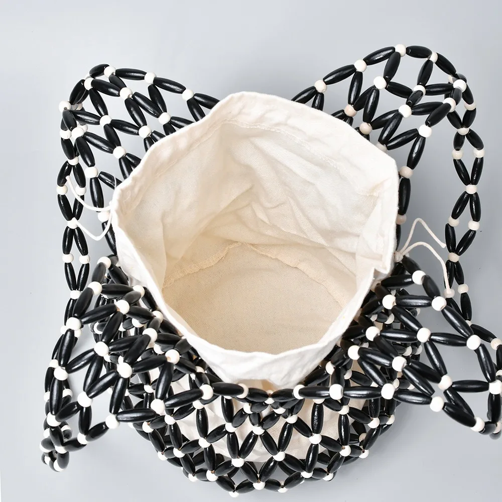 Women’s Handmade Wooden Bead Woven Tote Bucket Bag 3