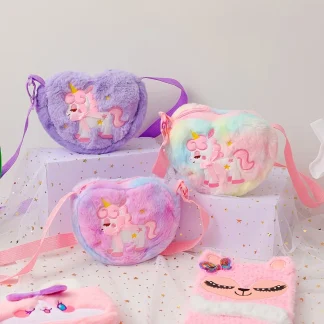 Cute Unicorn Plush Heart Crossbody Bag for Girls – Zipper Shoulder & Coin Bag 3
