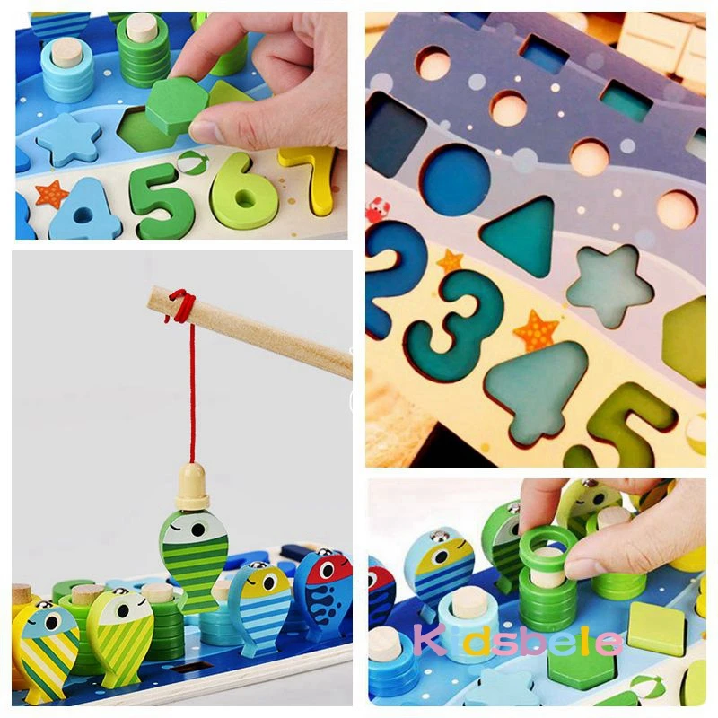 Montessori 5-in-1 Wooden Math & Fishing Learning Board for Kids 5