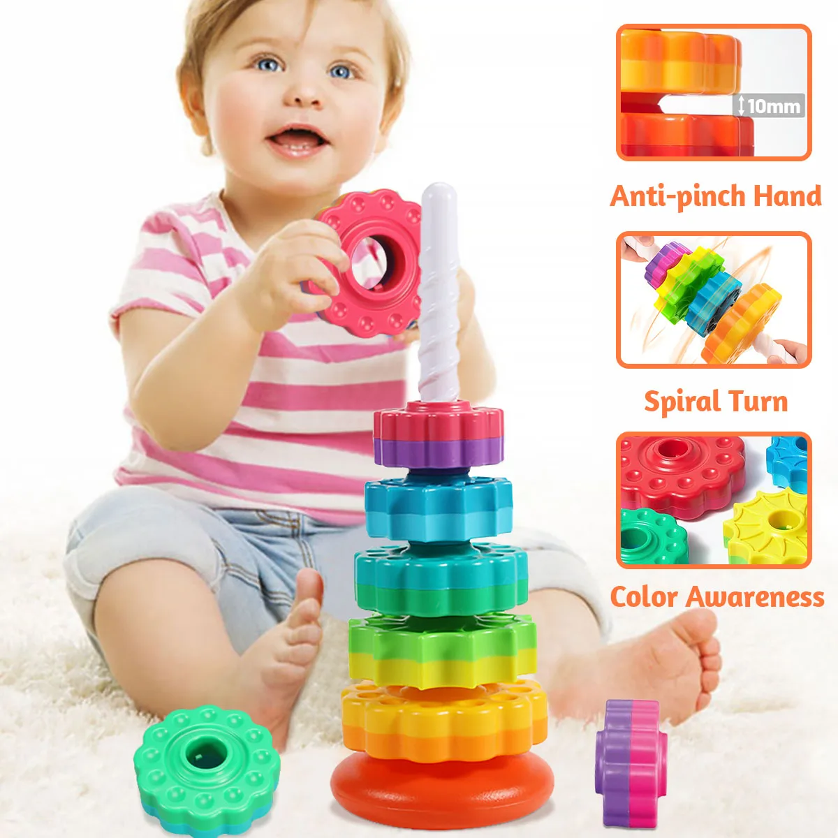 Montessori Rotating Rainbow Stacking Tower for Toddlers 6