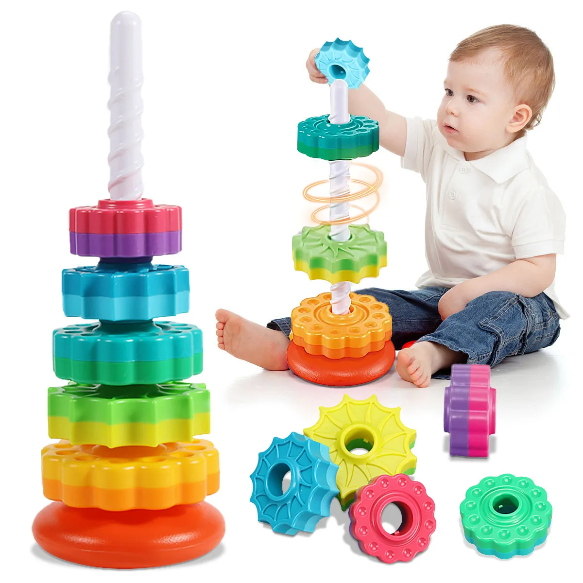 Montessori Rotating Rainbow Stacking Tower for Toddlers 1