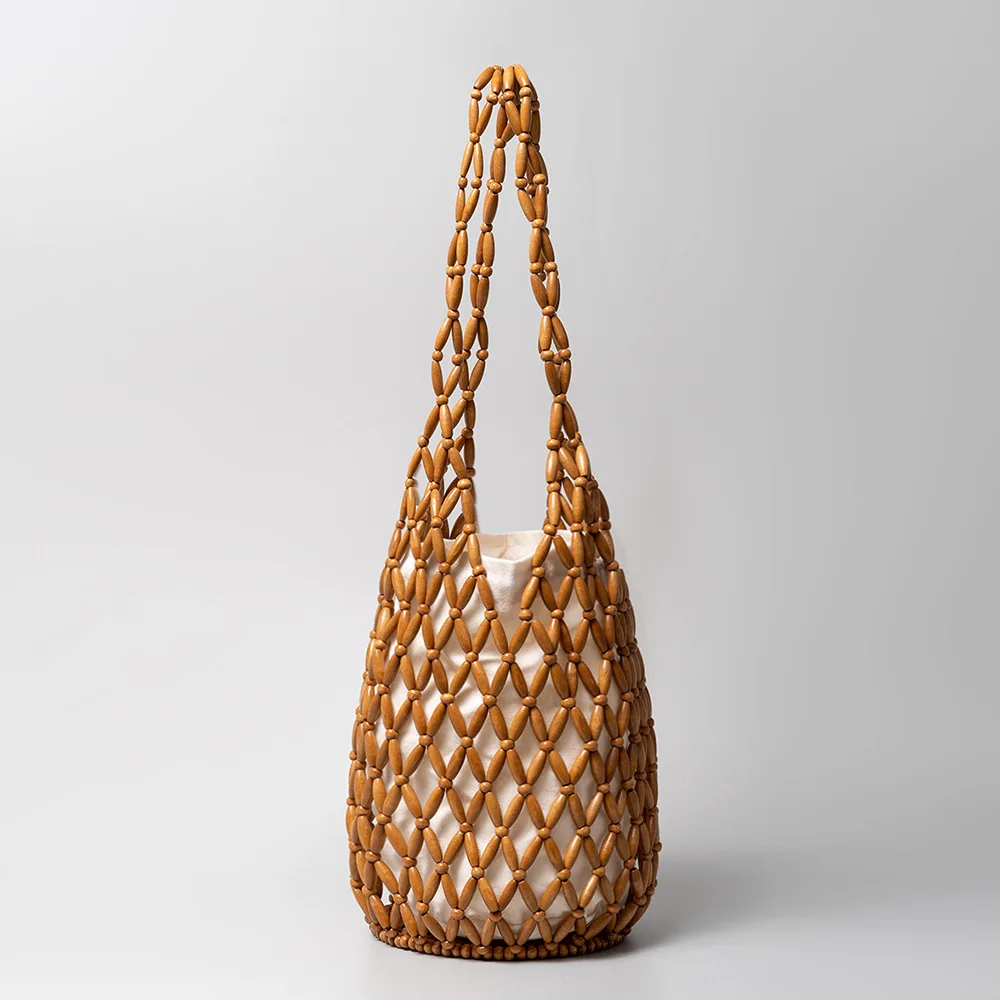 Women’s Handmade Wooden Bead Woven Tote Bucket Bag 1