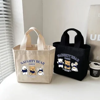 Cute Bear Embroidered Canvas Lunch Tote